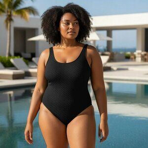 WEWOREWHAT Black Waffle Knit Bodysuit / One-Piece Swimsuit XL NWT